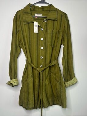 Anthropologie Pilcro Moss Green Striped Linen Cotton Long Sleeve Romper Medium